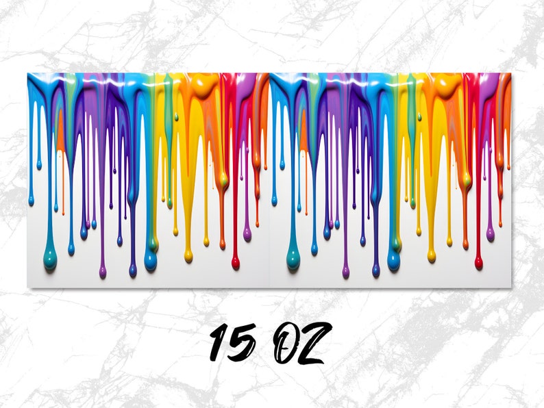 May include: A colorful rainbow paint drip design on a white background. The paint drips are in the colors of the rainbow, from red to violet. The text "15 OZ" is printed below the design.