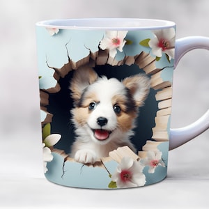 3d puppy mug wrap, 11oz and 15oz mug wraps, hole in a wall mug wrap, mug sublimation design, animal mug wrap template png, dog mug wrap