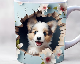 3d puppy mug wrap, 11oz and 15oz mug wraps, hole in a wall mug wrap, mug sublimation design, animal mug wrap template png, dog mug wrap