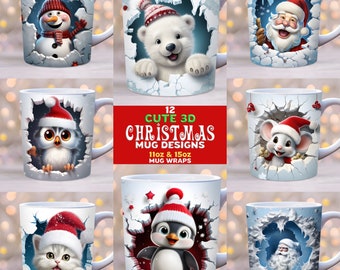 Lot 3D d'emballage de tasse de Noël, modèle de tasse de 11 oz et 15 oz, emballage de tasse de bonhomme de neige, emballage de tasse d'hiver, conception de sublimation de tasse, emballages de tasse de vacances