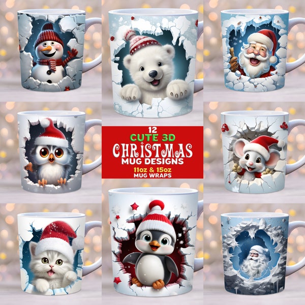 Lot 3D d'emballage de tasse de Noël, modèle de tasse de 11 oz et 15 oz, emballage de tasse de bonhomme de neige, emballage de tasse d'hiver, conception de sublimation de tasse, emballages de tasse de vacances