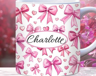 Add Name Pink Coquette Bow Mug Wrap 11oz, 15oz Mug Wrap Template PNG, Vintage Girly Floral Roses and Pink Bows Girl Shabby Chic
