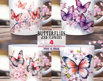 Pink Butterfly Mug Wrap Bundle PNG, 11oz and 15oz Mug Template, Spring Mug Wrap Sublimation Design, Flower Mug Wrap, Floral Mug Wrap