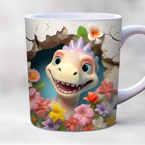 3d baby dinosaur mug wrap png, 11oz and 15oz mug template, hole in a wall mug wrap, sublimation design, PNG instant digital download
