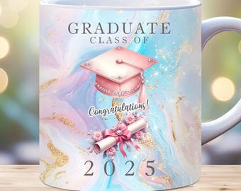 Pink Graduation Mug Wrap, Graduate Class of 2025 Mug Wrap, 11oz, 15oz Mug Wrap Template for Sublimation, Graduation Gift