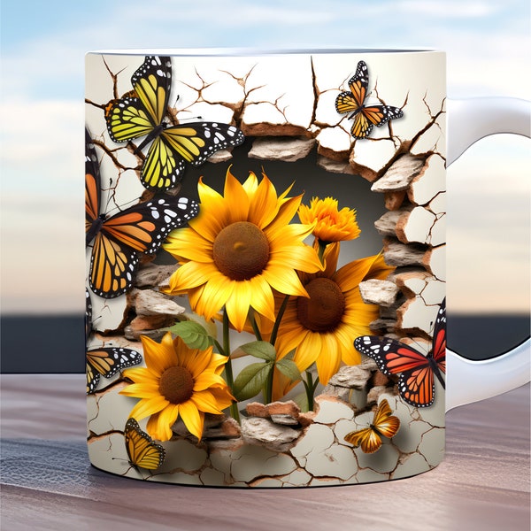 3d sunflower mug wrap, 3d flower mug wrap, 11oz and 15oz mug template, butterfly mug wrap, sublimation design png, Fall flowers mug wrap