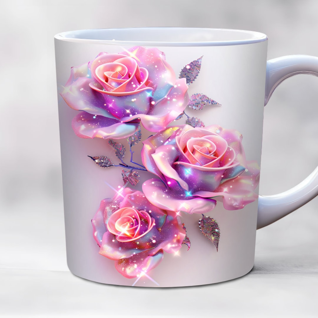 3d Neon Pink Rose Mug Wrap, 11oz and 15oz Mug Template, Floral Mug Wrap