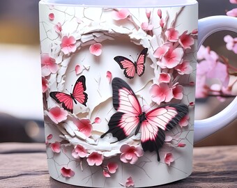 3d Pink Butterfly Mug Wrap PNG, 11oz and 15oz Mug Template, Spring Mug Wrap Sublimation Design, Flower Mug Wrap, Floral Mug Wrap