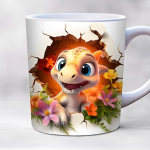 3d baby dinosaur mug wrap png, 11oz and 15oz mug template, hole in a wall mug wrap, sublimation design, PNG instant digital download
