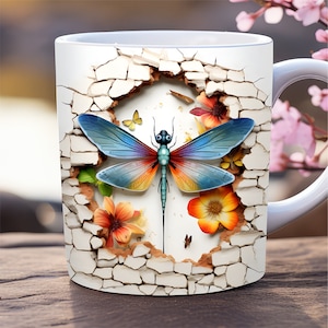 3d dragonfly mug wrap png, 11oz and 15oz mug template, hole in a wall mug wrap sublimation design, insect wrap, floral mug wrap