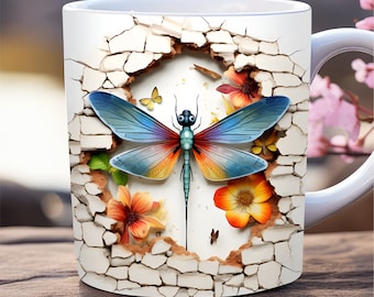 3D Libellen Becher Wrap png, 11 Unzen und 15 Unzen Becher Vorlage, Loch in einem Wandbecher Wrap Sublimationsdesign, Insekten Wrap, Blumenbecher Wrap
