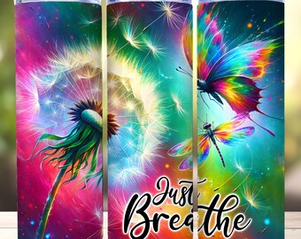 Just Breathe Tumbler Wrap, 20oz skinny Tumbler, PNG, rechte en taps toelopende beker Wrap, Instant Download, Dandelion Tumbler Wrap