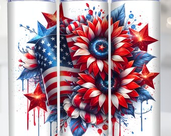 Sunflower 4th of July Tumbler Wrap 20 oz Skinny Tumbler PNG American Flag Sublimation Design, Floral Patriotic Independence Day Tumbler Wrap