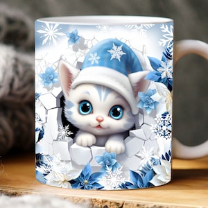 3d cat mug wrap png, 3d Christmas mug wrap png, hole in wall mug wrap, 11oz and 15oz mug template, Winter mug wrap, holiday mug wrap