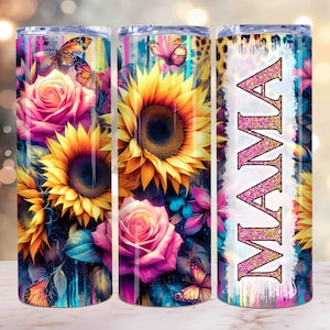 Sunflower Mama Tumbler Wrap, 20oz Skinny Tumbler PNG, Seamless, Leopard Floral, Mother&#39;s Day Glitter Tumbler Wrap, Birthday Mom Gift