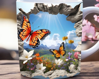 3D Schmetterling Becher Wrap png, 11 Unzen und 15 Unzen Becher Vorlage, Loch in einem Wandbecher Wrap Sublimationsdesign, Blumen Becher Wrap, Blumenbecher Wrap