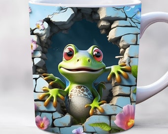 3D Frosch Baby Becher Verpackung, 11 Unzen und 15 Unzen Tassenverpackungen, Loch in einer Wandbecherverpackung, Becher Sublimationsdesign, Tier Becherverpackungsvorlage png