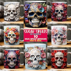 Bundel 3D-mokomslag met suikerschedel, moksjabloon van 11 oz en 15 oz, 3D-sublimatieontwerp voor Halloween-mok, sjabloon voor mokomslag, png, digitale download