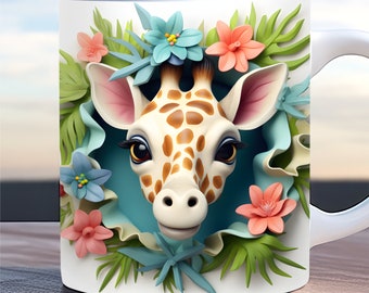 May include: White ceramic mug with a colorful floral design featuring a giraffe's face in the center. The flowers are pink, blue, and green.