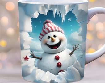 3D niedlicher Schneemann Becher Wrap png, 3D Weihnachtsbecher Wrap png, Hole in der Wand Becherverpackung, 11 Unzen und 15 Unzen Bechervorlage, Winterbecherverpackung, Feiertagsbecherverpackung