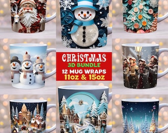 Lot 3D d'emballage de tasse de Noël, modèle de tasse de 11 oz et 15 oz, emballage de tasse de bonhomme de neige, emballage de tasse d'hiver, conception de sublimation de tasse, emballages de tasse de vacances