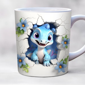 3d baby dinosaur mug wrap png, 11oz and 15oz mug template, hole in a wall mug wrap, sublimation design, PNG instant digital download