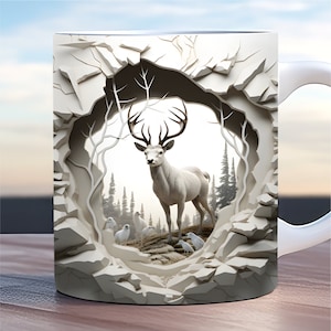 3D Winter deer hole In a wall mug wrap 11oz & 15oz mug template, 3D Mug sublimation design mug wrap template PNG instant digital download