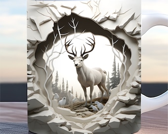 3D Winter deer hole In a wall mug wrap 11oz & 15oz mug template, 3D Mug sublimation design mug wrap template PNG instant digital download
