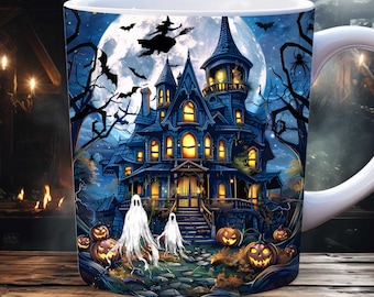 Mok wrap Halloween spookhuis, 11oz en 15oz mok sjabloon png, heks mok wrap, spook mok wrap, hekserij mok wrap, spookachtige mok wrap