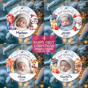 First Christmas Baby Ornament Bundle, Ornament Sublimation PNG, Personalized Baby Ornament Design, Photo Birth Info, Instant Download