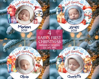 First Christmas Baby Ornament Bundle, Ornament Sublimation PNG, Personalized Baby Ornament Design, Photo Birth Info, Instant Download