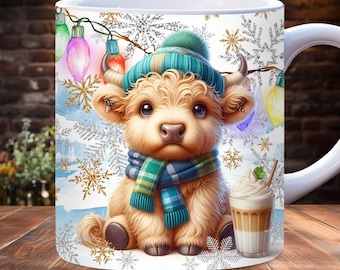 Christmas Highland Mug Wrap, 11oz and 15oz PNG Sublimation Template, Holiday Mug Wrap, Coffee Lover Mug Wrap, Winter Mug Wrap
