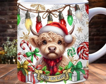 Sweet and Sassy Mug Wrap, Funny Christmas Highland Cow Mug Wrap, 11oz and 15oz PNG Sublimation Template, Holiday Coffee Lover Mug Wrap