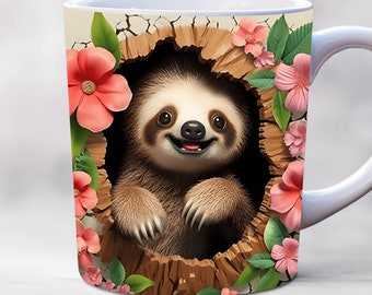 3d baby sloth mug wrap, 11oz and 15oz mug wraps, hole in a wall mug wrap, mug sublimation design, animal mug wrap template png