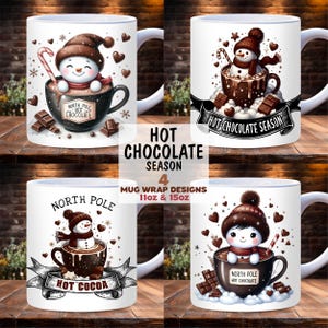 Snowman Hot Chocolate Mug Wrap Bundle, 11oz & 15oz Mug Template PNG, Cozy Winter Mug Wrap, Holiday Christmas Mug Wrap Sublimation Design