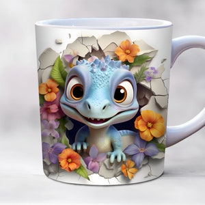 3d baby dinosaur mug wrap png, 11oz and 15oz mug template, hole in a wall mug wrap, sublimation design, PNG instant digital download