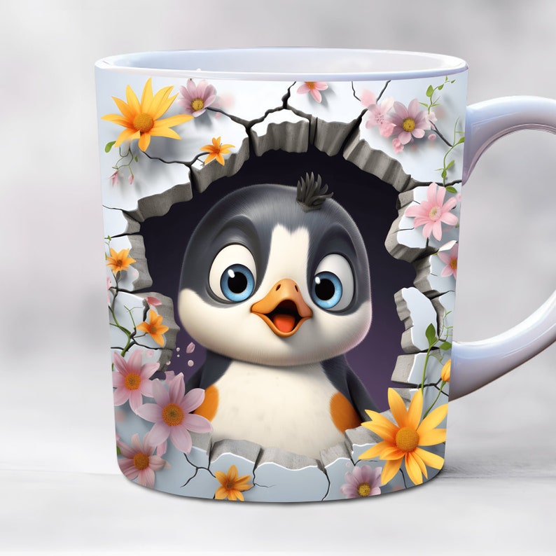 May include: White ceramic mug with a colorful design featuring a cartoon penguin peeking out of a cracked wall with flowers surrounding it.