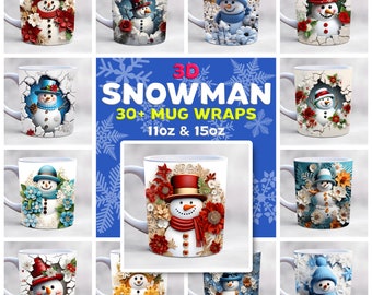 Lot d'emballages de tasse 3D bonhomme de neige, modèle de tasse 11 oz et 15 oz, emballage de tasse de Noël, emballage de tasse d'hiver, conception de sublimation de tasse, emballages de tasse de vacances