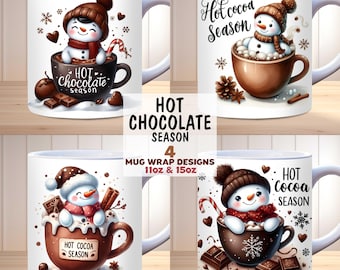 Paquete de envolturas para tazas de chocolate caliente con diseño de muñeco de nieve, plantillas PNG para tazas de 325 y 400 ml, envoltura acogedora para tazas de invierno, diseño de sublimación para envolturas navideñas.