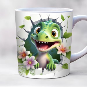 3d baby dinosaur mug wrap png, 11oz and 15oz mug template, hole in a wall mug wrap, sublimation design, PNG instant digital download