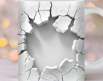 3D Cracked Wall Mug Wrap, 11oz, 15oz Mug Template, White Mug Wrap, Mug Sublimation Design, Mug Wrap Template, Instant Digital Download PNG,
