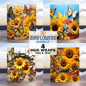 3d sunflower mug wrap bundle, 3d flower mug wrap, 11oz and 15oz mug template, summer mug wrap, sublimation design png, Fall flowers mug wrap