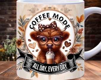 Coffee Addict Mug Wrap, 11oz and 15oz PNG Sublimation Template, Highland Cow Mug Wrap, Coffee Lover Mug Wrap, Funny Coffee Quote