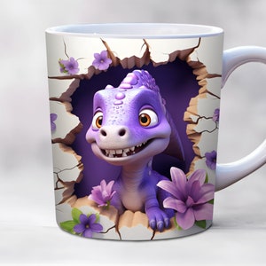 3d baby dinosaur mug wrap png, 11oz and 15oz mug template, hole in a wall mug wrap, sublimation design, PNG instant digital download