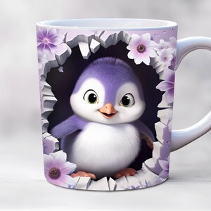 May include: A white ceramic mug featuring a purple penguin peeking out of a cracked wall with pink flowers. The penguin has a white belly and a pink beak.