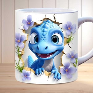 3d baby dinosaur mug wrap png, 11oz and 15oz mug template, hole in a wall mug wrap, sublimation design, PNG instant digital download