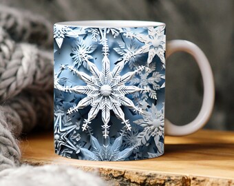 3d snow flake mug wrap png, 3d Christmas mug wrap, 11oz and 15oz mug wraps, winter mug wrap, holiday mug wrap, winter wonderland mug wrap