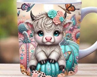 Highland Cow Fall Mug Wrap, 11oz and 15oz mug Template PNG, Autumn Mug Wrap, Highland Cow Mug Wrap, Pumpkin Tumbler Wrap, Instant Download