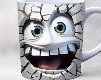 3D Funny Face Mug Wrap, 11oz, 15oz Mug Template, White Mug Wrap, Mug Sublimation Design, Mug Wrap Template, Digital Download PNG