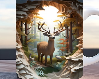 3D deer hole In a wall mug wrap 11oz & 15oz mug template, 3D Mug sublimation design mug wrap template PNG instant digital download
